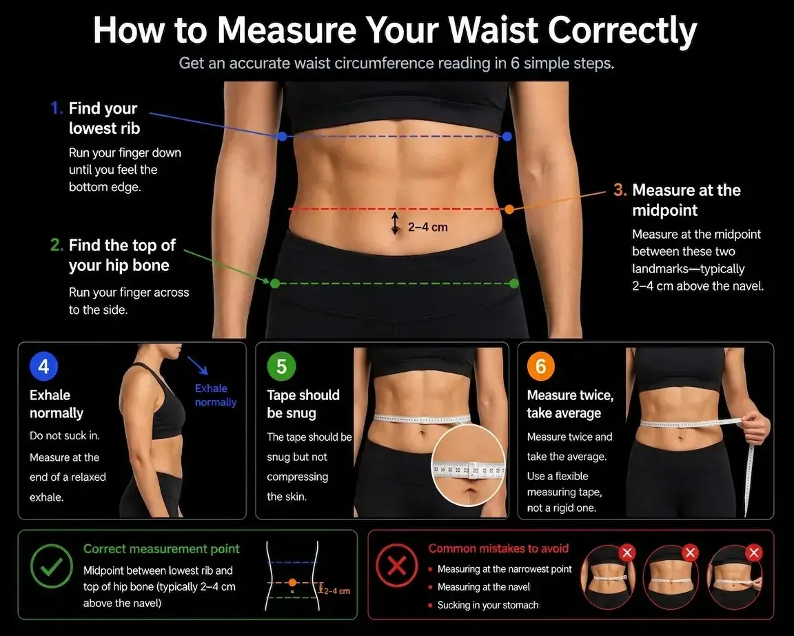 How to measure your waist correctly for women — 6 steps: find your lowest rib, find the top of your hip bone, measure at the midpoint, exhale normally, keep the tape snug, measure twice and average
